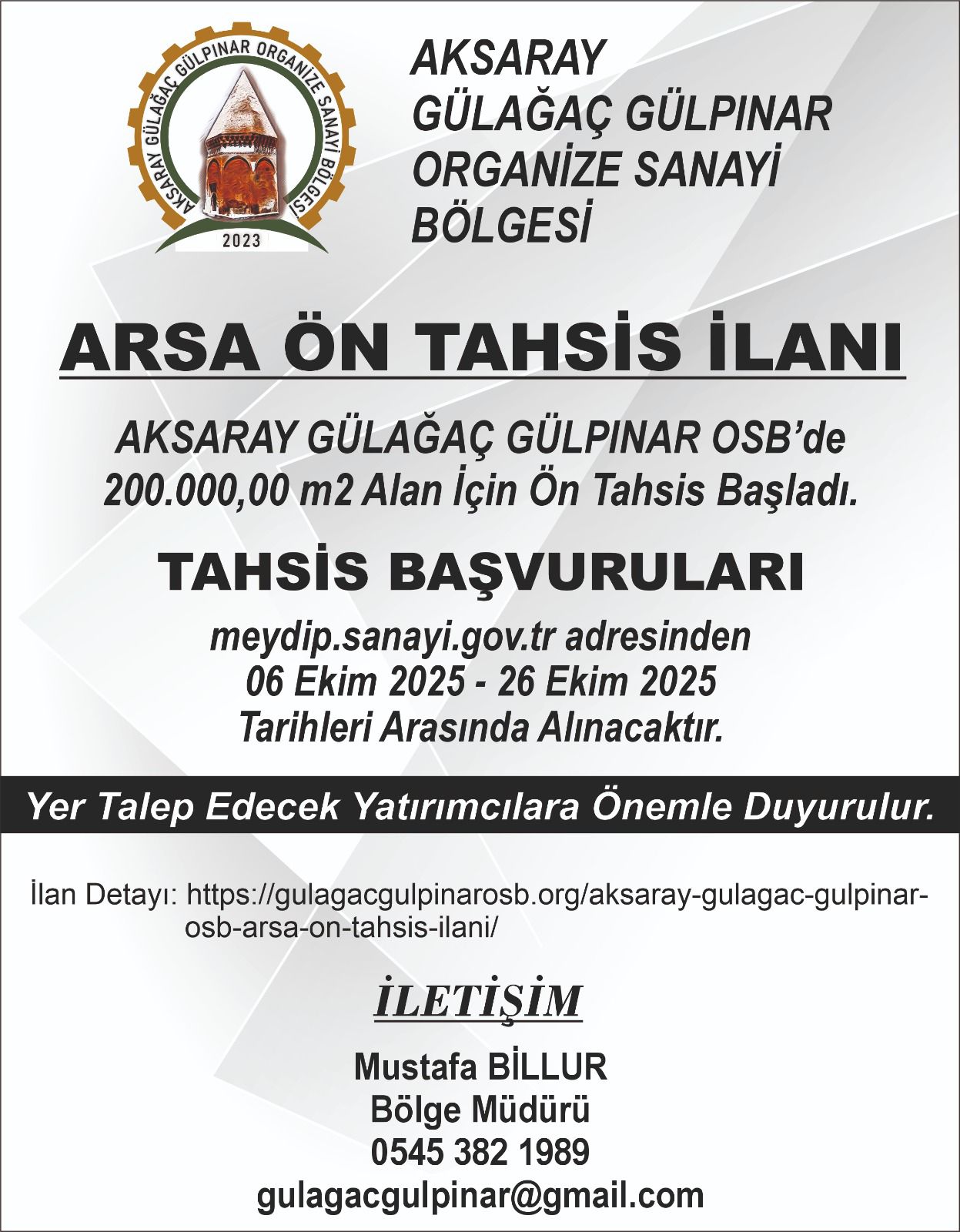 Aksaray Gülağaç Gülpınar OSB Arsa Ön Tahsis İlanı
